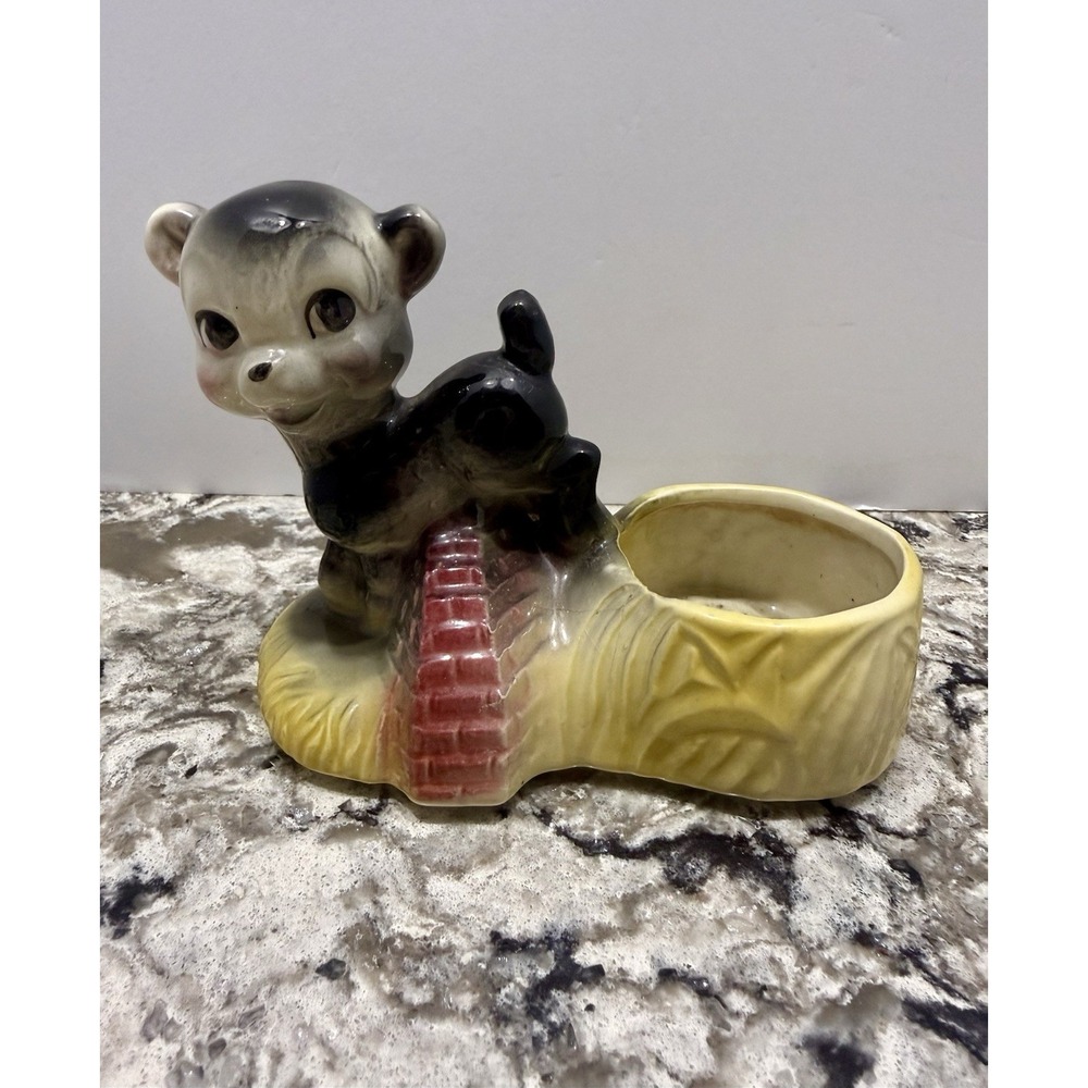 Vintage Ceramic Lamb Sheep Dog w/ Haystack Brick Bridge Planter MCM